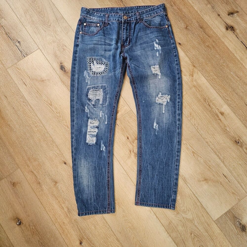 Vtg Y2K Reverb Repaired Jeans Mens 32x27 Thrashed Grunge Destroyed Streetwear